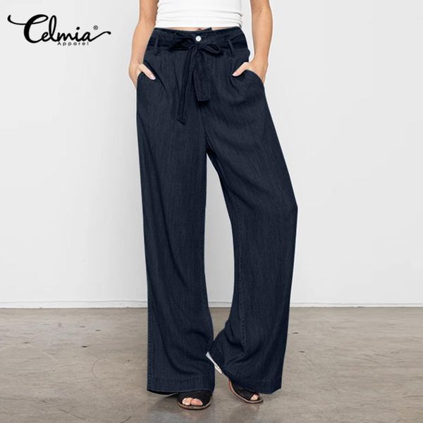 

women's pants & capris celmia women long pantalon with belted fashion casual loose denim solid color vinatge office high waist wide-leg, Black;white
