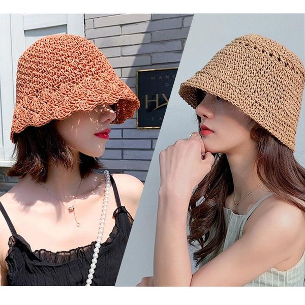 

wide brim hats summer straw hat woman cap foldable outdoor gorro 2021 for women sunshade hollowed panama beach fashion bucket, Blue;gray