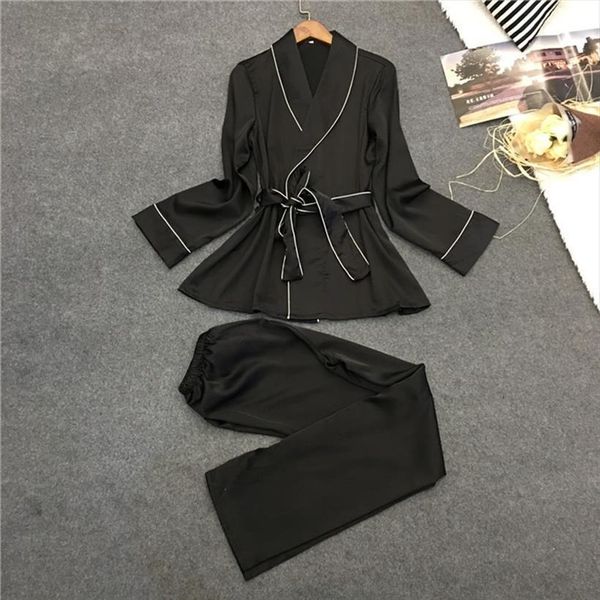 

belt pajamas set womens sleepwears stripe black pants robe 2piece home silk rayon sleepwear, Black;red