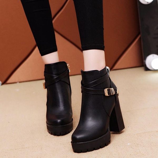 

boots women winter high heel female quality pu leather platform shoes ladies squared heels buckle zipper short boot ankle, Black