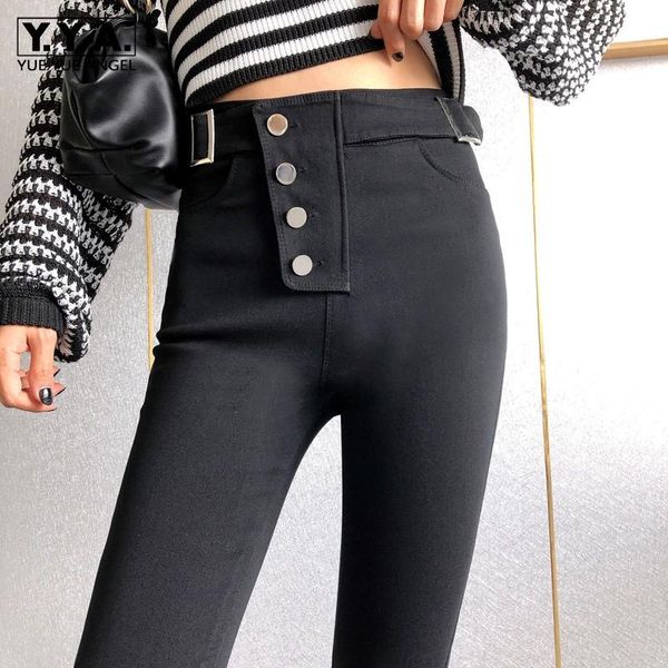 

women single breasted high waist black trousers autumn fashion slim stretch pants streetwear punk biker female s-xl women's & capris, Black;white