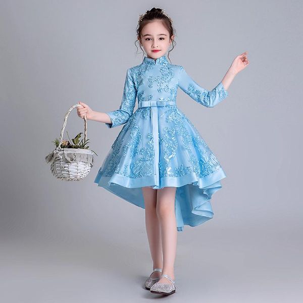 

girl's dresses flower girls illusion three quarter embroidery bow tulle lace high knee-length luxury blue kids party princess gown f551, Red;yellow