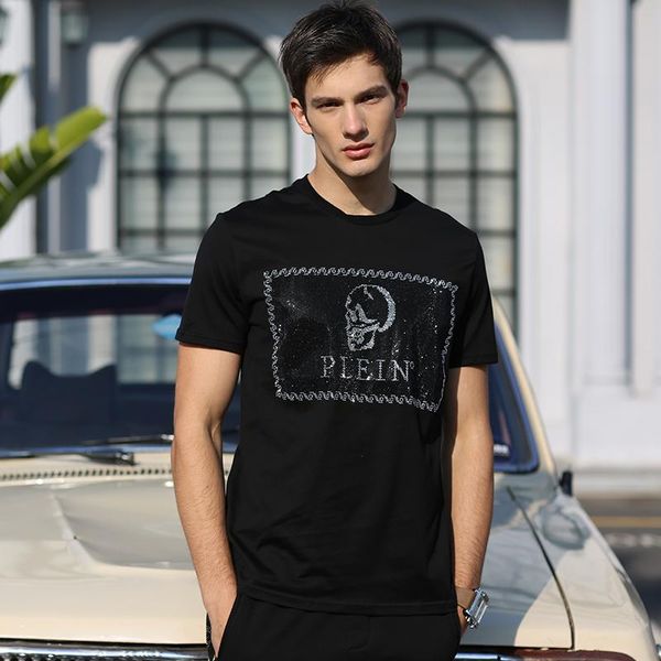 

men's t-shirts alexplein skulls rhinestones crystal t shirt men summer casual cotton fashion clothing streetwear funny crew neck short, White;black