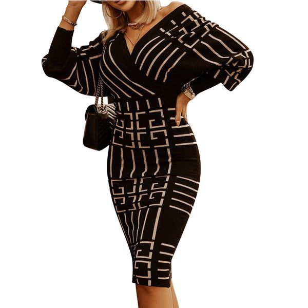 

sweater dress women's double v neck print knitted bodycon party dress, Black;gray