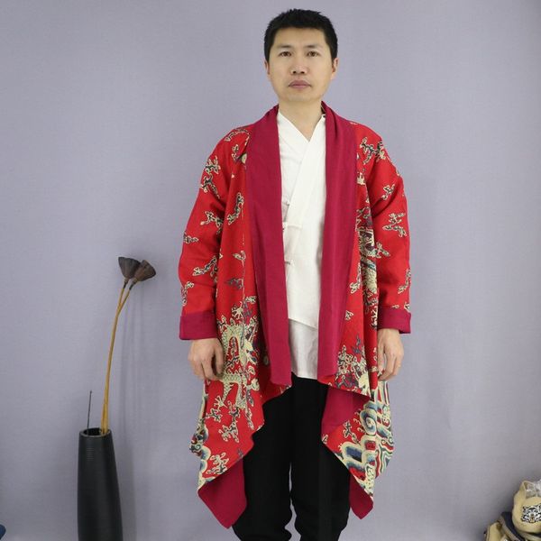 

harajuku japanese kimono cardigan men chinese style tang suit hanfu coats retro kung fu robes cloak fashion casual jackets 12299, Red