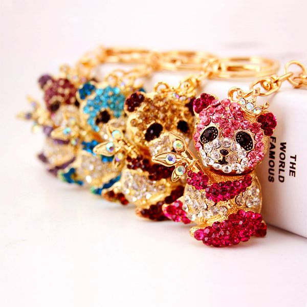 

creative cute rhinestone cartoon panda keychain sichuan giant panda metal pendant animal keychain small gift, Slivery;golden