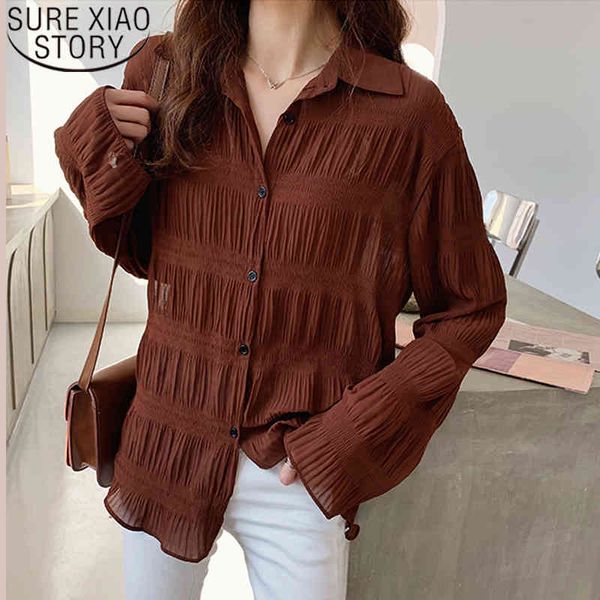 Donne di primavera ed estate Top Manica lunga Camicia a campana sciolta All-Match Chiffon S Base Camisas Mujer 8803 50 210510