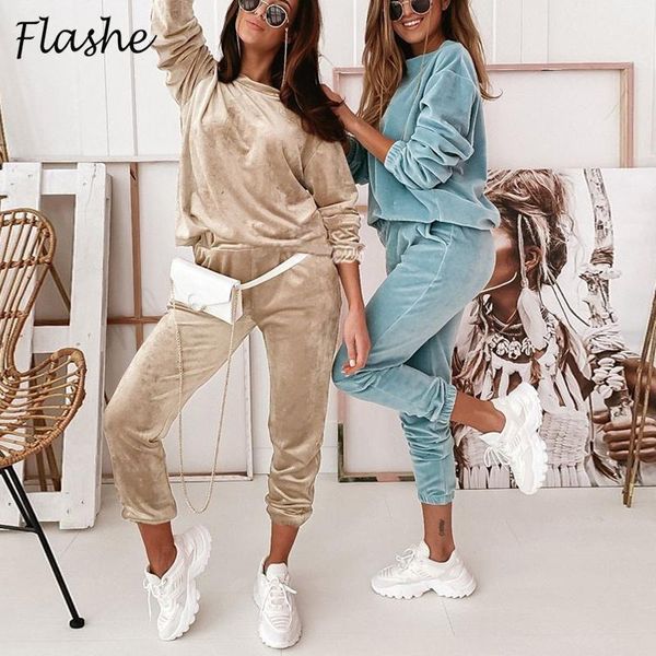 

women's two piece pants 2021 autumn winter tracksuit 2 set women golden velvet solid sweatshirt and pocket suit casual, White