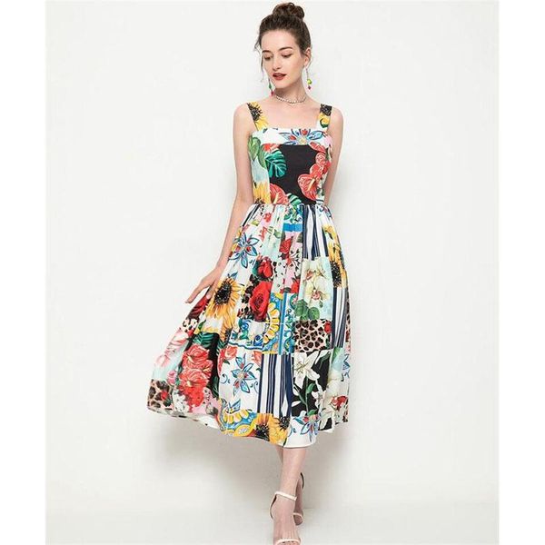 

casual dresses women runway dress fashion designer summer backless spaghetti strap floral print beach holiday np1559n, Black;gray