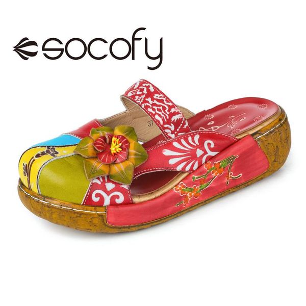 

sandals socofy summer women wedges slippers handmade slides hand-painted shoes bohemian retro ethnic sewing, Black