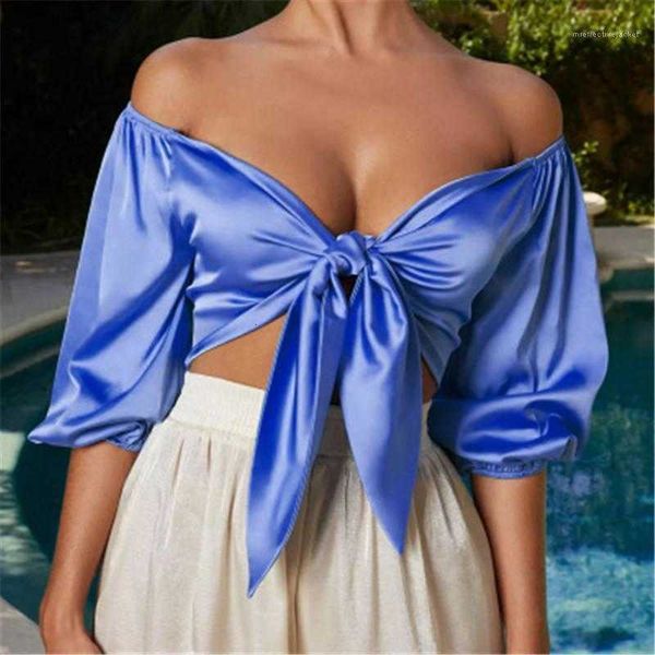 

women's tanks & camis backless cropped female tank ladies satin slik fashion bow sashes v neck crop tee strapless half s j5xm a27a, White