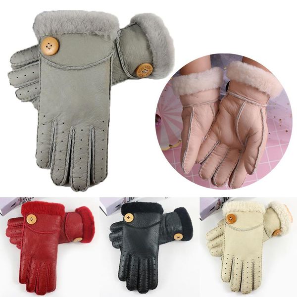 

five fingers gloves real sheepskin winter thick women fur mitten ladies warm outdoor genuine leather girls wndproof, Blue;gray