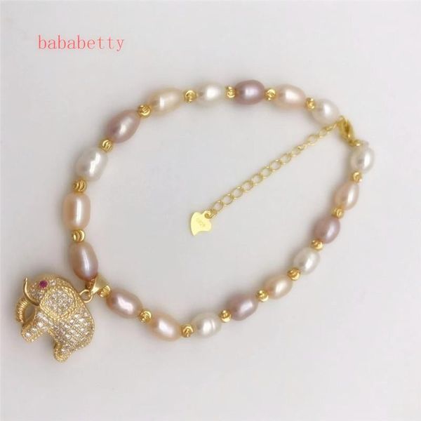 

natural freshwater rice shape white pink purple multicolor bracelet inlay elephant tibetan silver clasp +4cm chain link,, Black