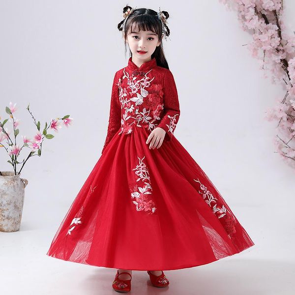 

ethnic clothing embroidery flower girls evening dress long sleeve cheongsam chinese style princess kids exquisite party vestidos, Red