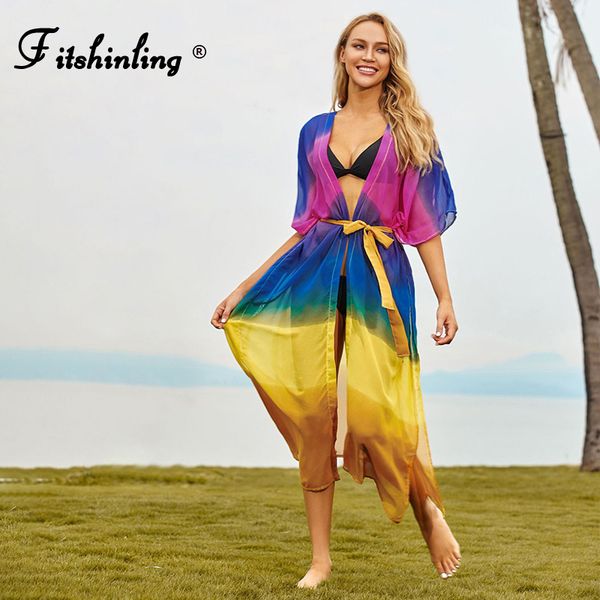

fitshinling colorful tie dye chiffon beach cover up with belt summer sheer swimwear kimono holiday bohemain long cardigan