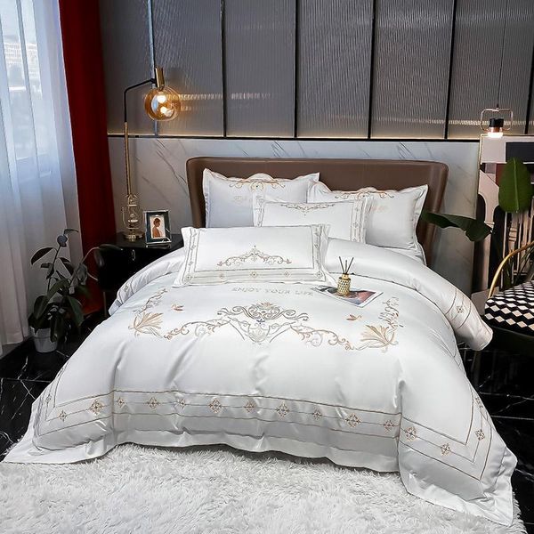 

bedding sets luxury white red blue gray soft silky cotton set gold embroidery duvet cover flat/fitted sheet pillowcases home textiles