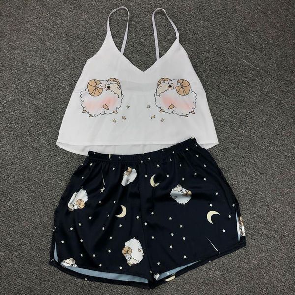 

Summer Sexy Pyjamas Satin Womens Sleepwears Cute Print Silk Pajamas Pants Girls Kawaii Nightwear Shorts Home Clothing Suit Nightie, Black;red