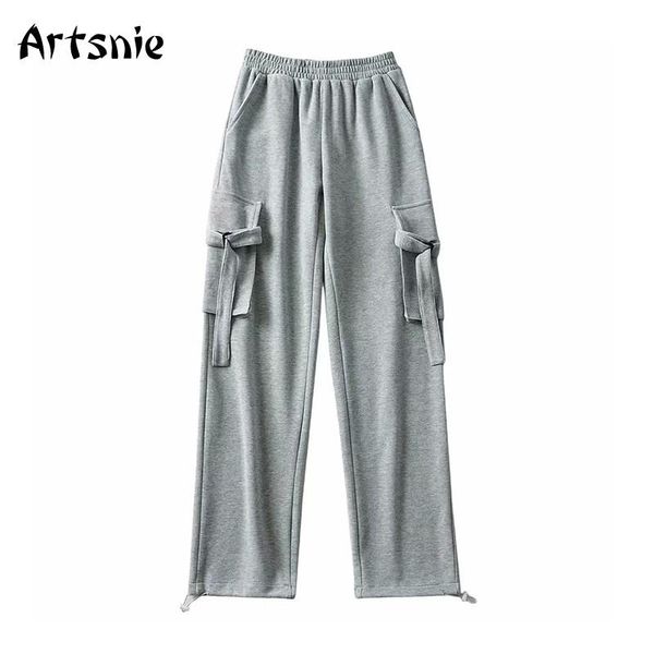 

artsnie streetwear pockets high waist wide leg pants women knitted gray trousers sweatpants vintage winter long femme women's & capris, Black;white