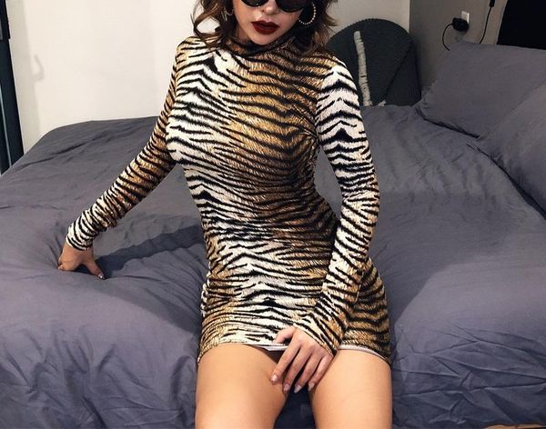 

casual dresses long sleeve leopard and cheetah print dress robe tight femme mini body con 2021 fall fashion women sukienka, Black;gray