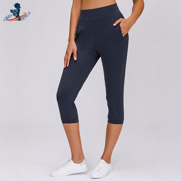 

yoga outfit deepsence women capri pants with pockets athletic fitness stretch sportswear anti-sweat quick dry nylon calf-length
