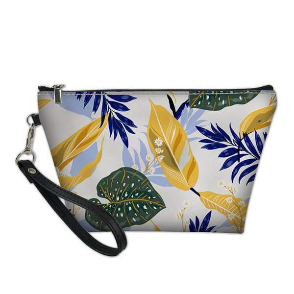 

golden leaves flower print makeup pouch for female women casual zipper cosmetic bag ladies portable light wash kit bags & cases