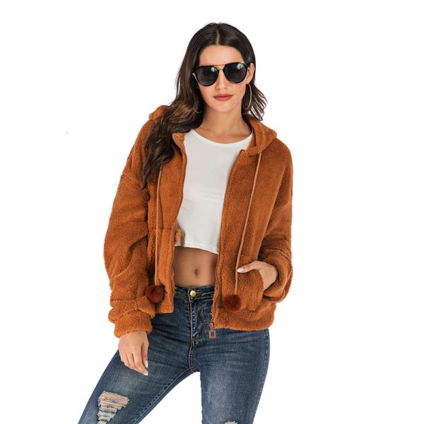 

autumn winter casual fleece coat color loose hooded, Black;brown