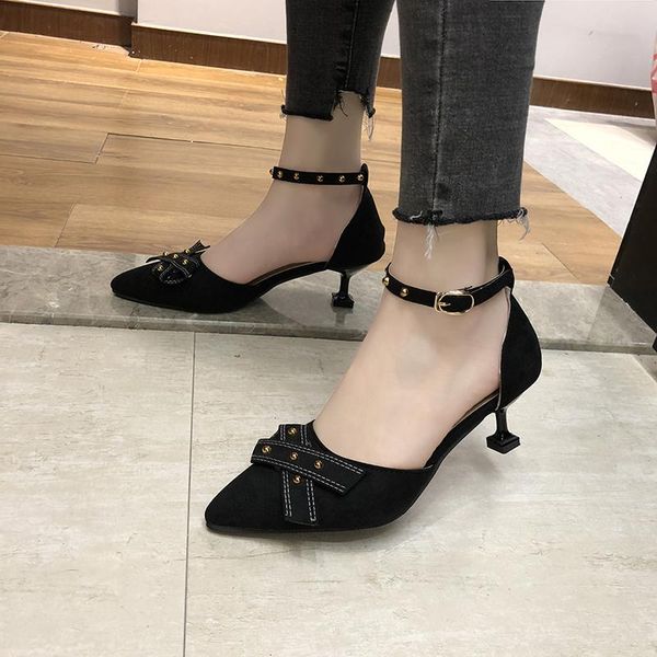 

word buckle black rivet high heels wild pointed cat with single shoes female middle dress