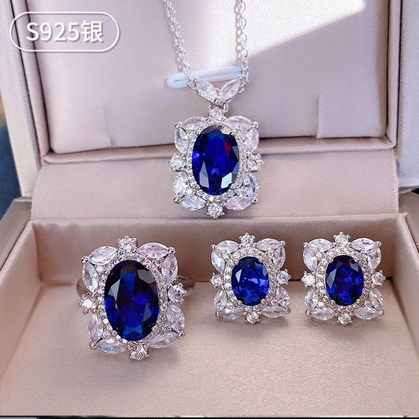 

luxury sapphire diamond jewelry set original 925 sterling silver party wedding rings earrings necklace for women jewelry, Slivery;golden