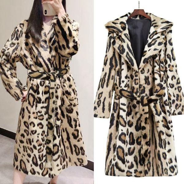 

women's fur & faux thicken leopard women jacket max long coat slim casual luipaard jackets female harajuku 2021, Black