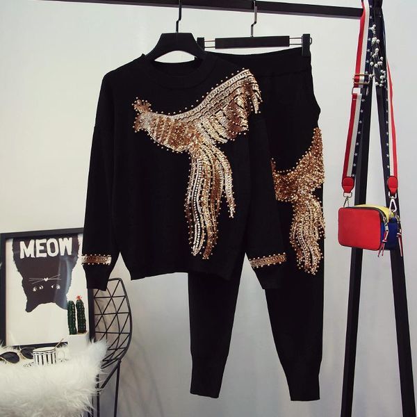 

stylish 2021 runway suit set women's o-neck long sleeve sequined diamonds beaded knitting sweater pants tracksuits, Gray