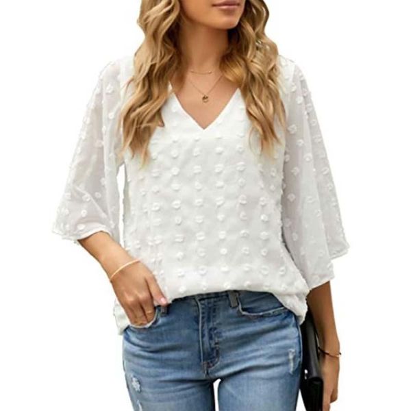 

women's blouses & shirts summer women v neck white jacquard fashion shirt female long sleeve chic polka dot solid color mesh