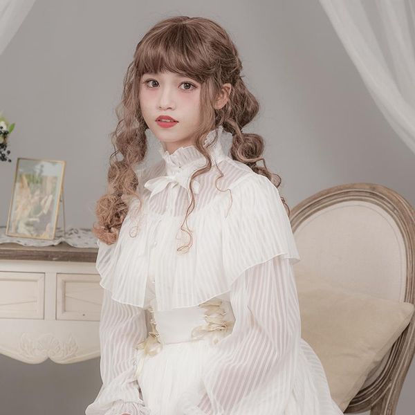 

women's blouses & shirts lolita blouse with cape long sheer striped sleeve chiffon shirt by delly, White