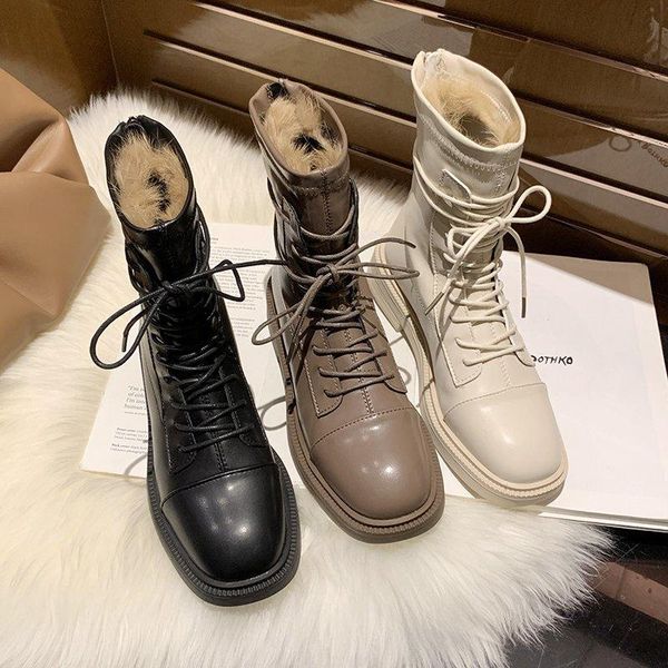 

boots winter women leather lace up heel keep warm 2021 fashion platform for woman female shoes lady botas zapatos de mujer, Black