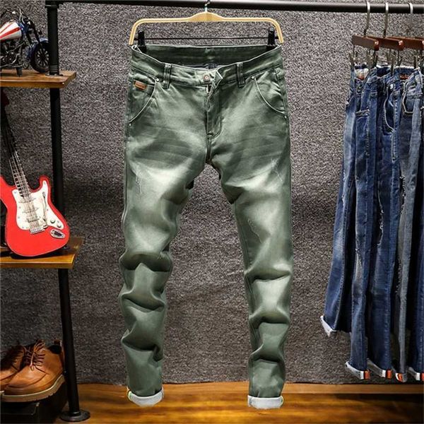 Модные бутиковые расслаивает повседневные мужские джинсы худые мужчины прямые джинсовые мужские брюки брюки, 809 2111111