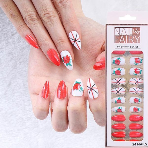 

24pcs ballerina stiletto false nails detachable coffin wearable fake full cover acrylic nail tips women decoration1, Red;gold