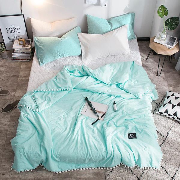 

comforters & sets 2021 summer gray air condition quilts duvet with little white pompons bed linens washed cotton throw blankets solid beddin