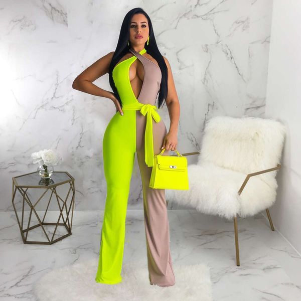 

2021 summer women's open sleeveless color matching suspender jumpsuit, White