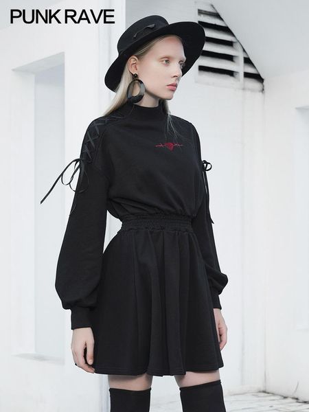 

casual dresses punkrave dark black waist thin dress high embroidery bandage sweater women autumn winter, Black;gray