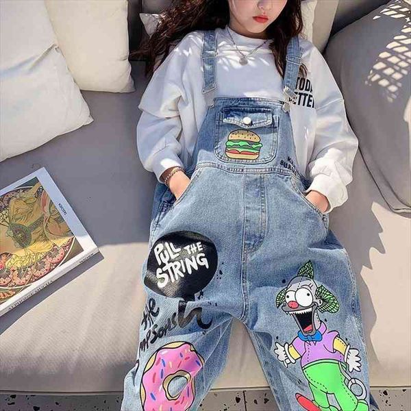 

cartoon print kids girls denim overall pants loose straught toddler jumpsuits letter jumpsuit children two piece set, Blue