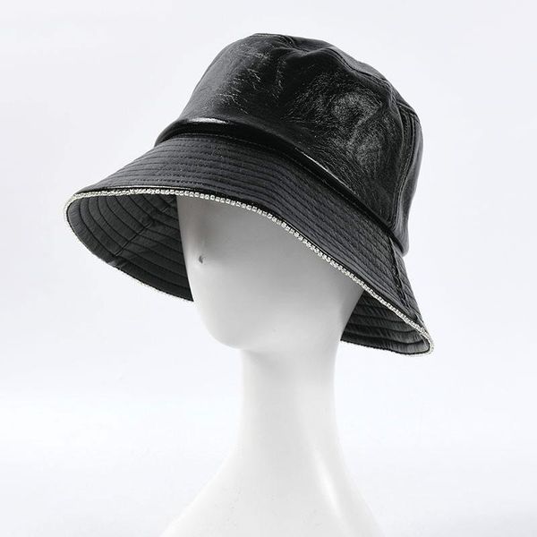 

the style solid color pu bucket hat fisherman outdoor travel sun cap hats for men and women wide brim, Blue;gray