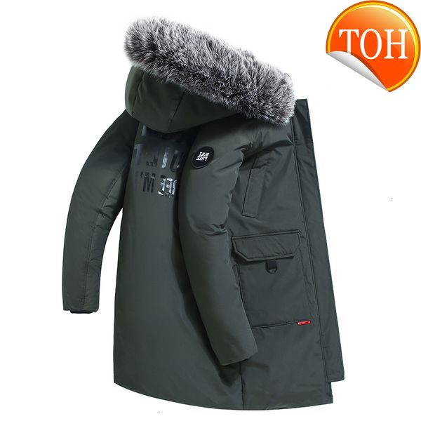 

kuyomens men's white duck down jacket warm with fur hooded thick puffer coat male casual overcoat thermal winter parka, Black