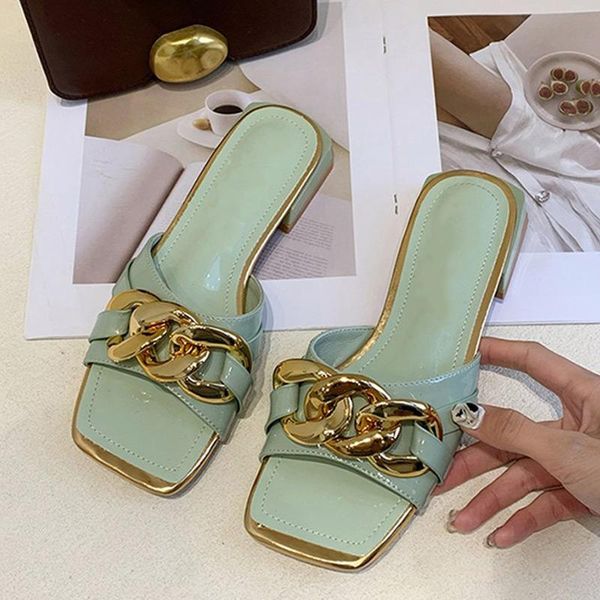 

slippers 2021 women vintage chain decoration square toe summer fashion flip flops low heel outside beach ladies shoes plus size, Black