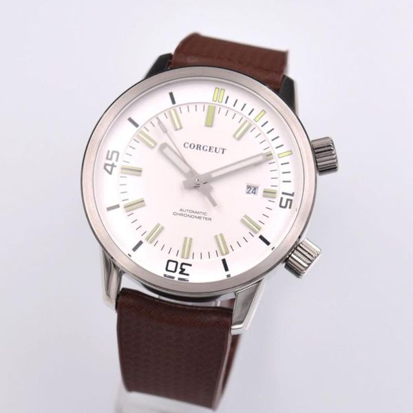 

wristwatches 44.5mm seagull miyota stainless steel case rubber strap double crown mechanical men automatic watch calendar luminous, Slivery;brown