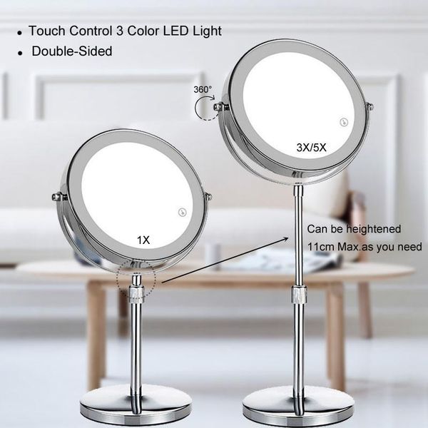 Espelhos 2-face Maquiagem de vaidade LED Espelho 3X / 5X Ampliação, USB Recarregável, 3Color Touch Brightness e Suporte Ajustável