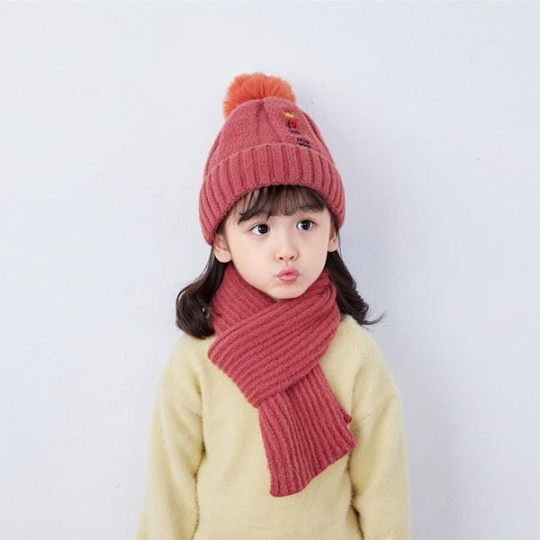 

2-6 years girlsl knitted beanie hat scarf two piece set solid winter warm toddler children's ear protection scarves caps & hats, Yellow