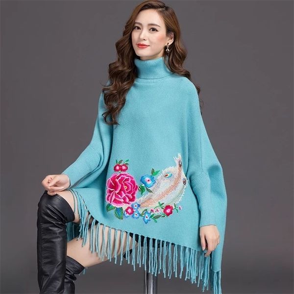 Moda Tassel Hem Casaco Camisola Shawl Coat Outono e Inverno Bordado Alto Collar Pullover Feminino Bat Sleeve 210427