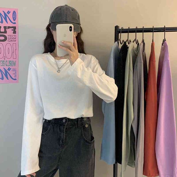 

7colors korean style basic women cropped solid color long sleeve t-shirt womens tees shirt femme spring autumn (c2831) 210423, White