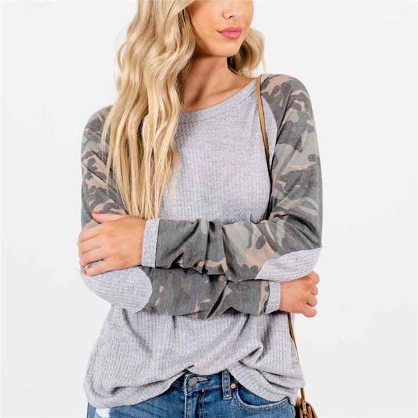 

Designer Tshirts Fashion Pullover Crew Neck Long Sleeve Womens Tees Casual Females Clothing Camouflage Panelled Womens, Gray