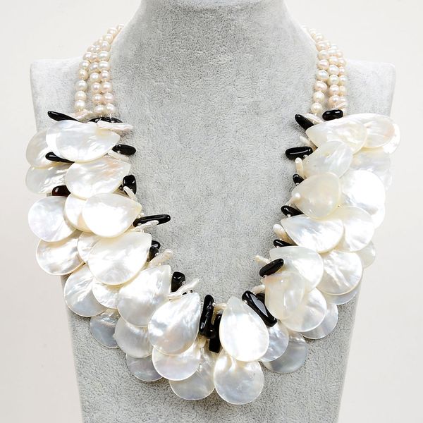 

guaiguai jewelry beautiful natural white biwa pearl shell black onyx necklace for women real jewlery lady fashion jewellery, Silver