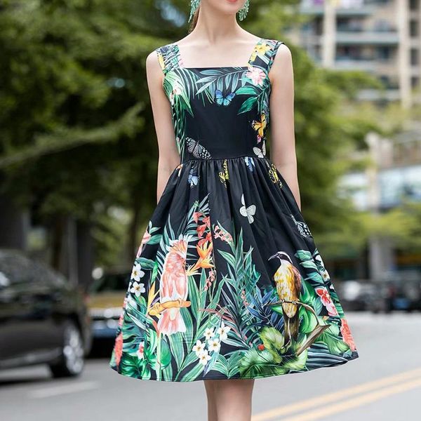 

casual dresses street est high fashion 2021 designer blouse women's sling sleeveless vintage floral print dress, Black;gray